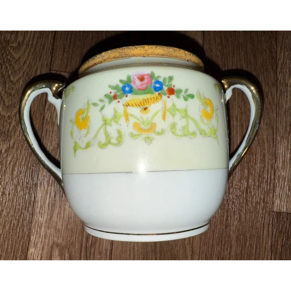 Vintage Cream Floral Sugar Bowl with‎ Lid and Creamer Set Made in Japan